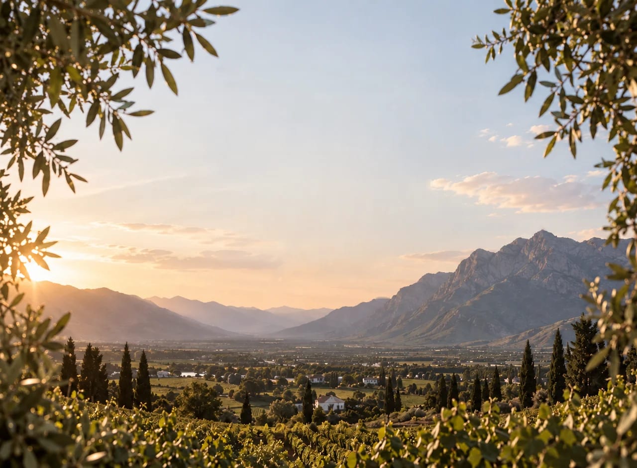 The Franschhoek valley at sunset: mountains, cypresses and vineyards, framed by olive branches