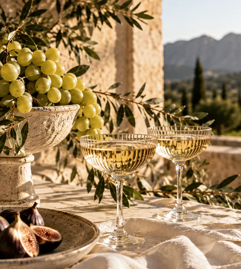 Green grapes in a stone bowl, figs and two coupes of wine on a sunlit terrace, mountains beyond