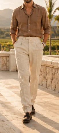 A man in a brown linen shirt and stone trousers with loafers