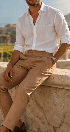 A man in a white linen shirt and tan trousers, seated on a stone wall